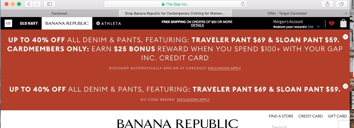 Repeated discount notice on Banana Republic website