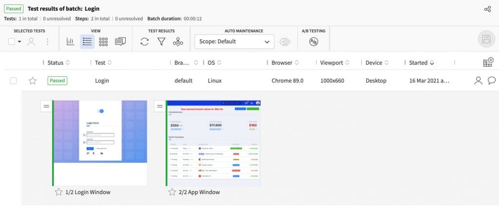 Our Baseline Tests in Applitools The baseline images for the Login Window and App Window in Applitools