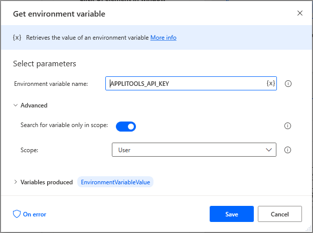 Using a Get Environment Variable action in Microsoft Power Automate Desktop to get our Applitools API Key.