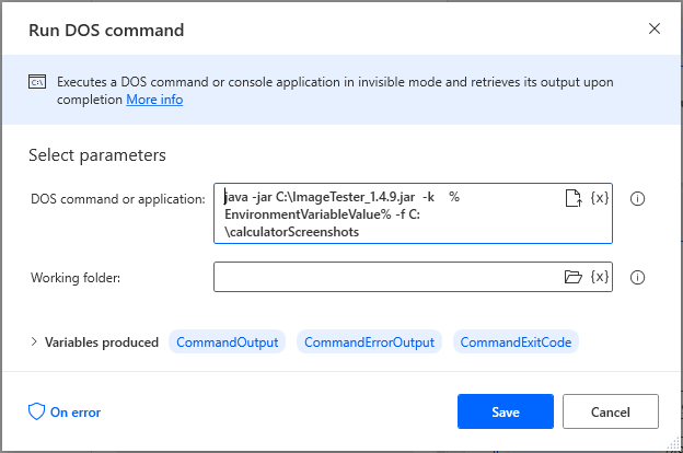 Using a Run DOS Command action in Microsoft Power Automate Desktop to execute the ImageTester CLI.