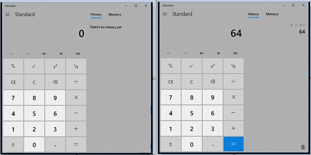 Two screenshots side by side, one showing a calculator displaying "0" and the other displaying "64".