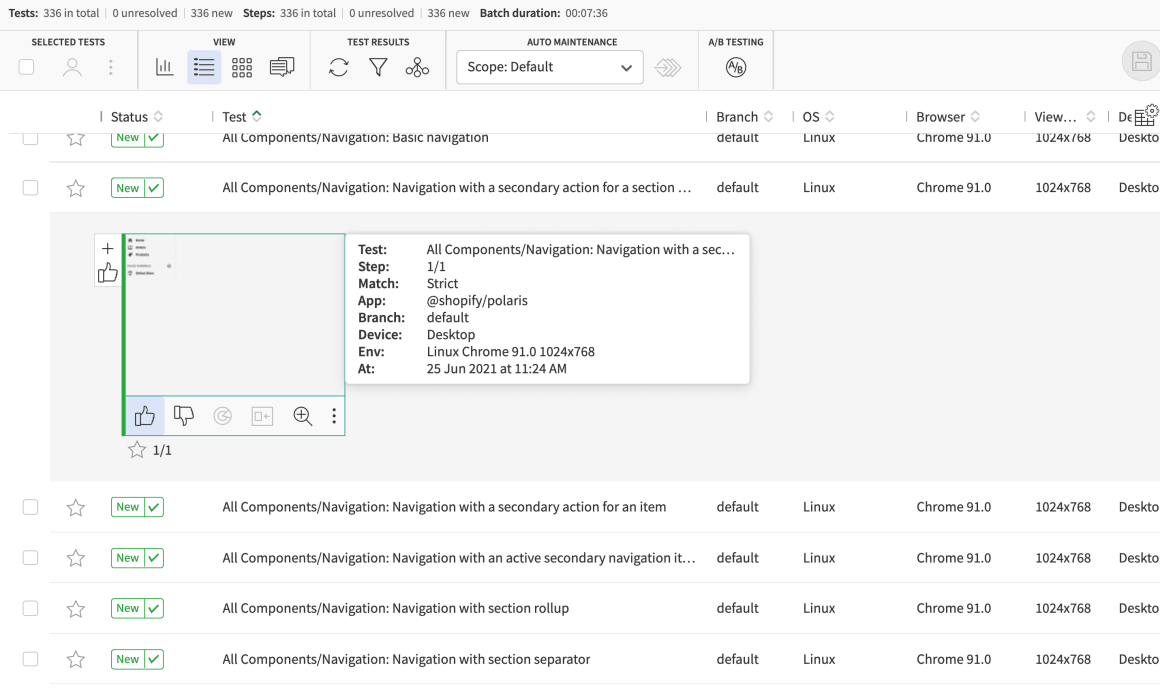 Applitools Eyes and Shopify Polaris Tests Showing Applitools Eyes Running Shopify Polaris tests