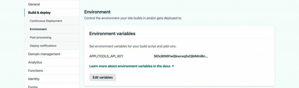 Environment variables section in Netlify showing APPLITOOLS_API_KEY