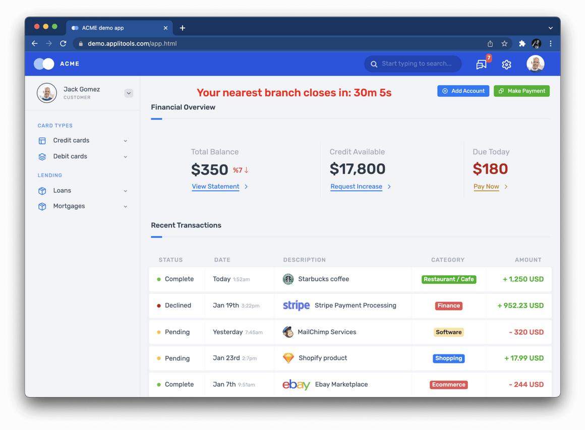 Demo main page displaying a financial app, including balance and recent transactions.