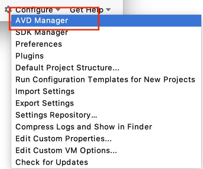 Shows Android studio home page and how someone can open AVD Manager by tapping on Configure button