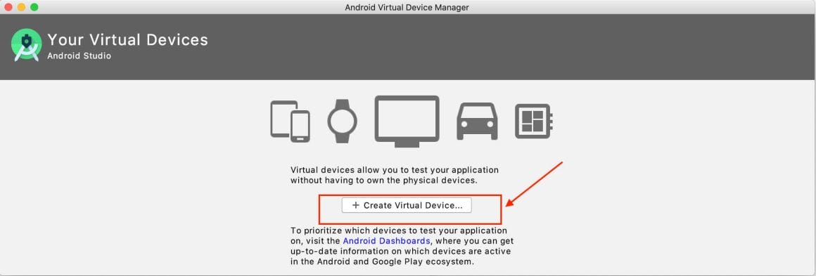 Shows blank virtual devices screen with create virtual device button