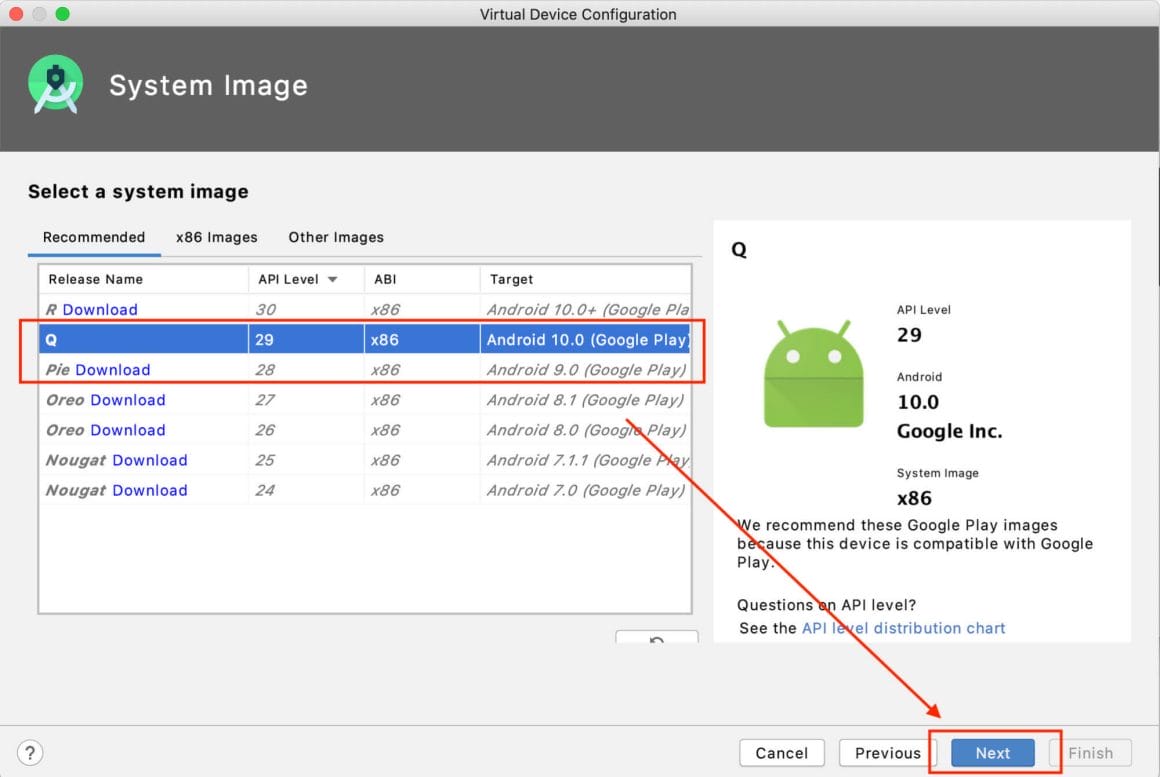 Shows Android OS system image with option to Download and select one