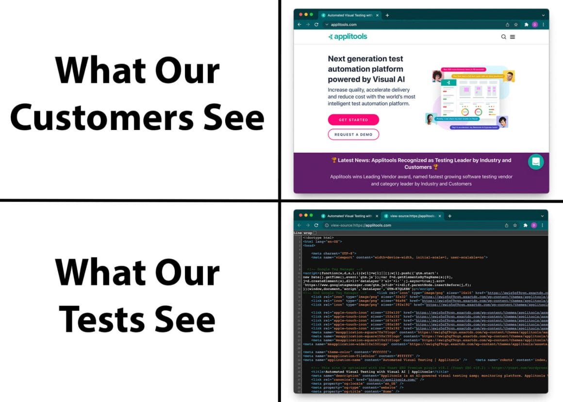 Contrasting what our tests see (with an image of code) with what our customers see (with an image of a website's UI).