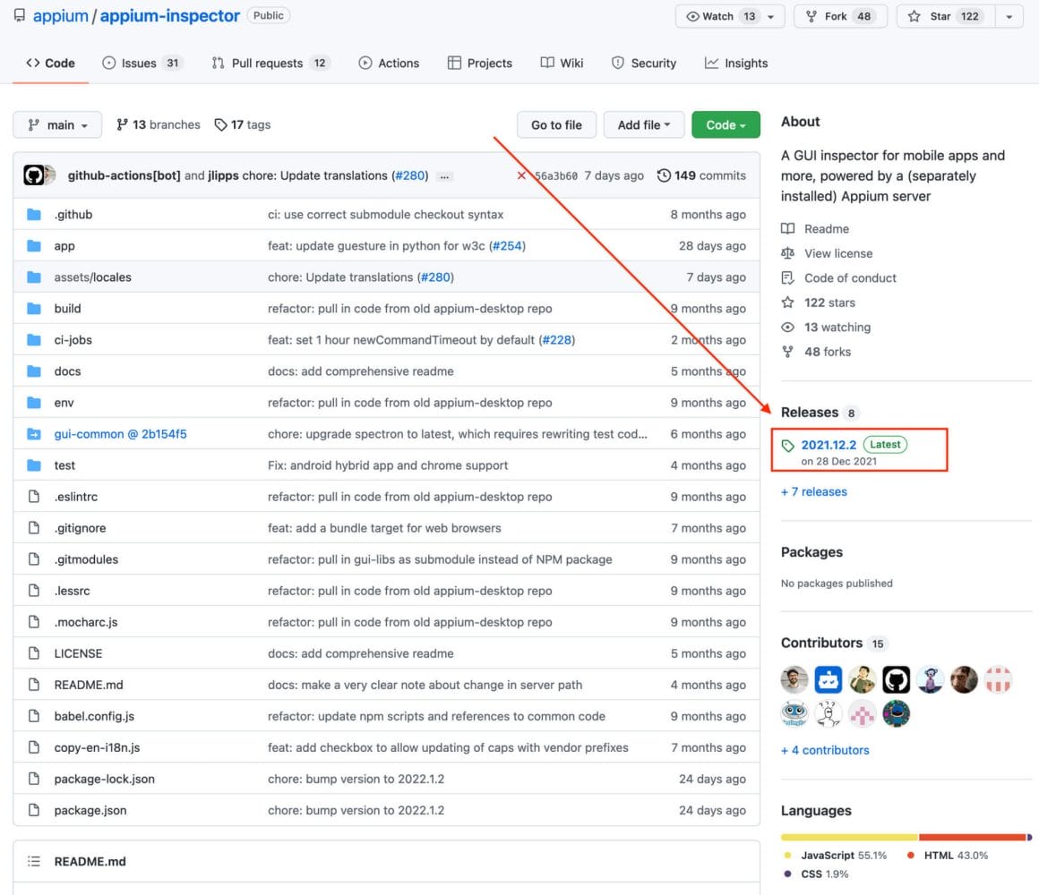 Appium Inspector Github page with releases option highlighted