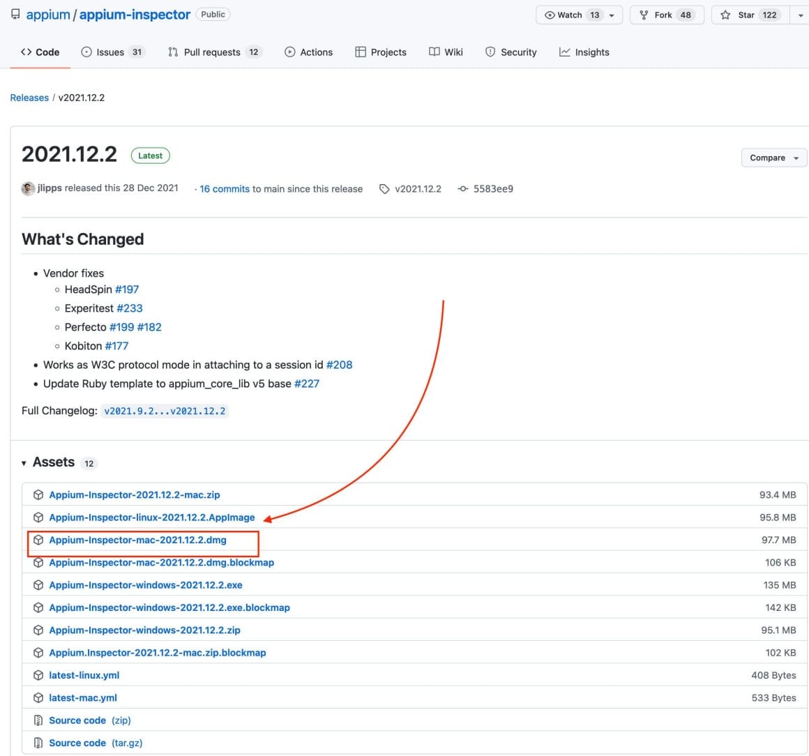 Appium Inspector Github releases page with mac .dmg file highlighted