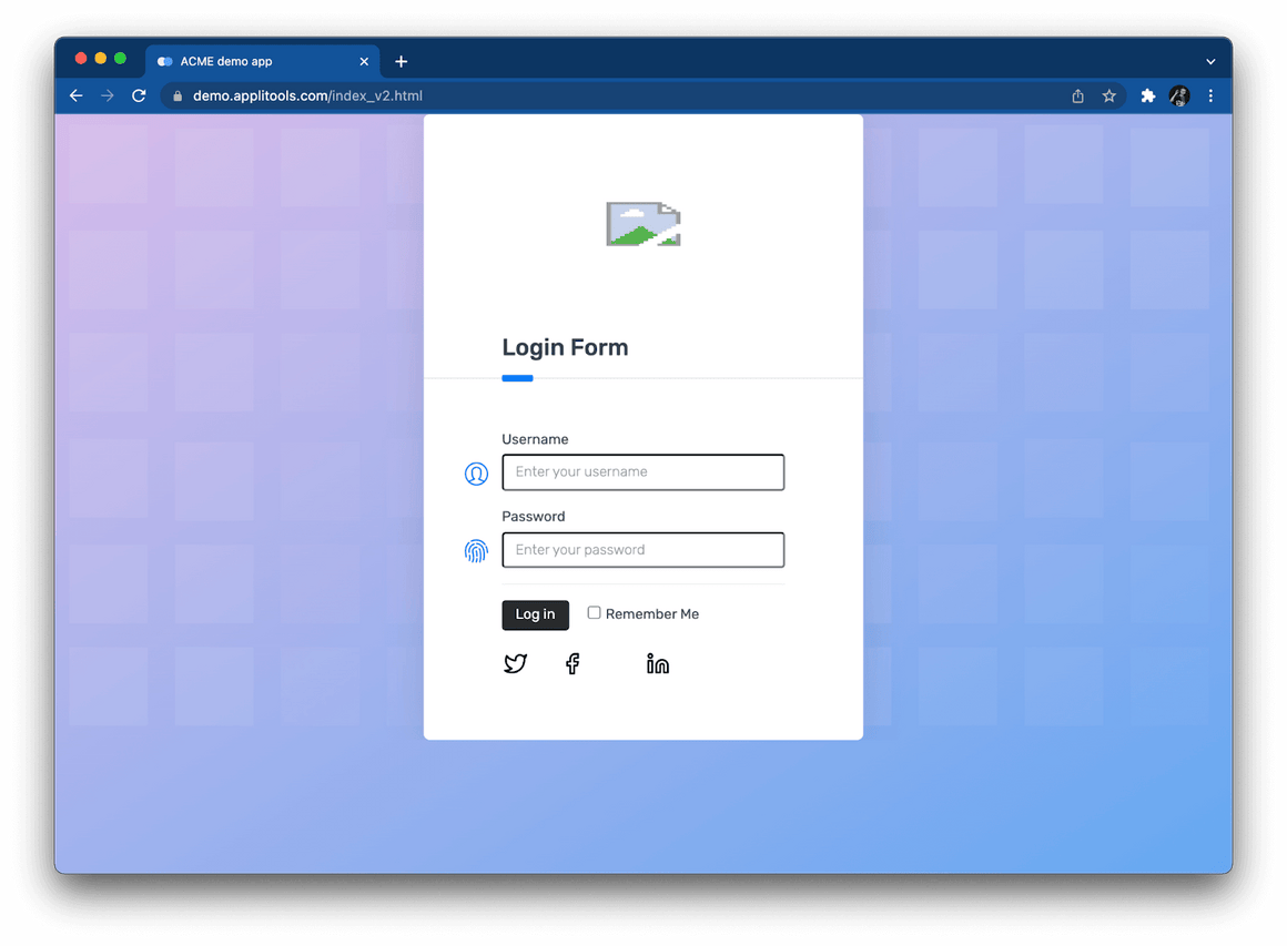 A demo login form, with a username field, password field, and a few other selectable items. This time there is a broken image and changed login button.