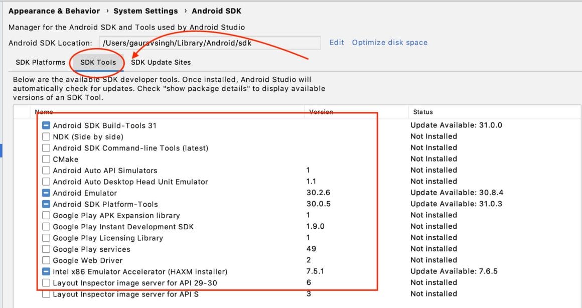 Shows SDK Tools in android studio