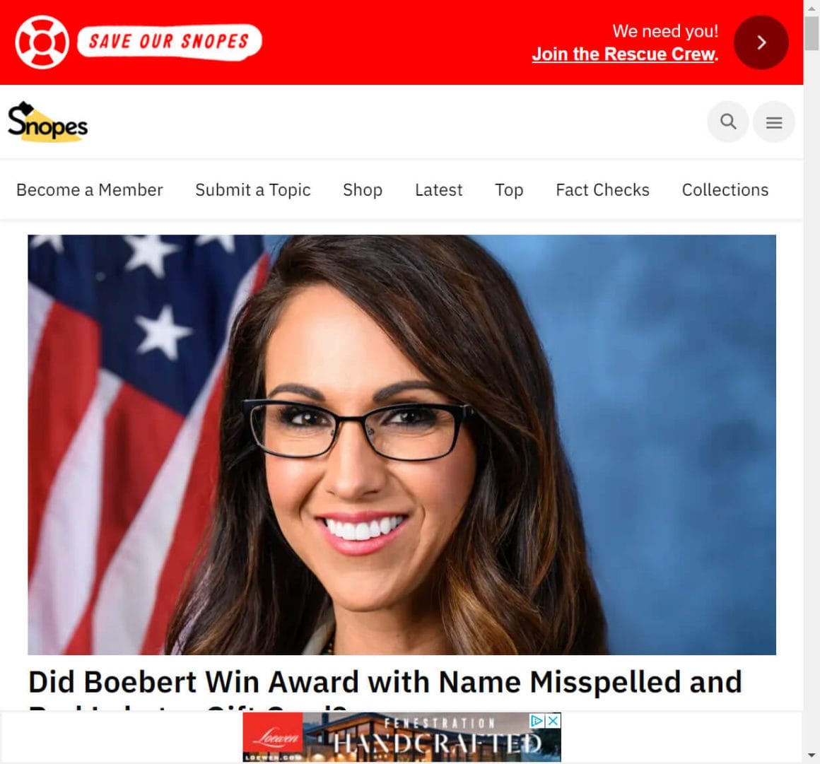 An image of the homepage of Snopes.com.