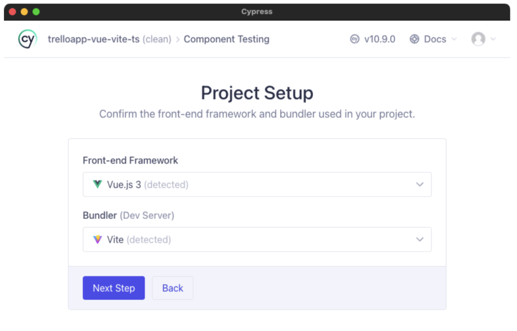 Cypress project setup page