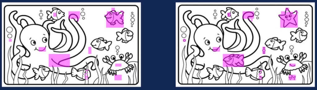 Spot the difference game with two illustrations side by side with slight differences highlighted in pink